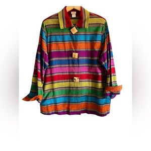 Norm Thompson Striped Rainbow Cotton Long Sleeve Shirt  Sz Lg Wood Button Boho